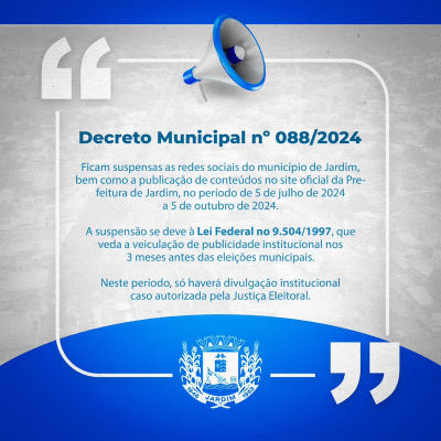 Prefeitura de Jardim terá site e redes sociais suspensas por determinação da lei eleitoral